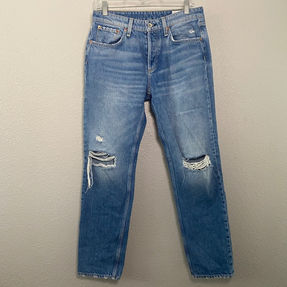 Rag & Bone Rosa Mid-Rise Boyfriend Jeans Size 26 Bristol Blue Distressed Cotton
